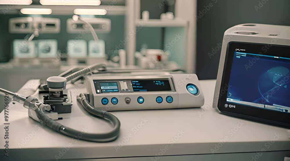 Medical device with monitor displaying a medical image in a sterile laboratory setting. Tubes and wires connected for specific procedure, with other medical equipment in the background. Medical device with monitor displaying a medical image in a sterile laboratory setting. Tubes and wires connected for specific procedure, with other medical equipment in the background.