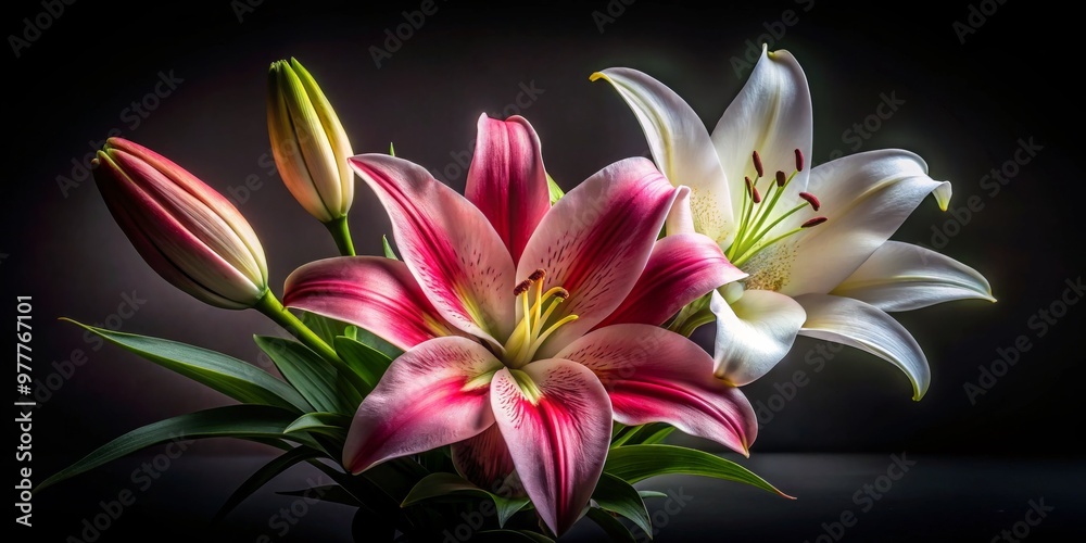 Fototapeta premium Pink and White Lilies on Black Background, Close-up, Floral, Bloom, Beauty