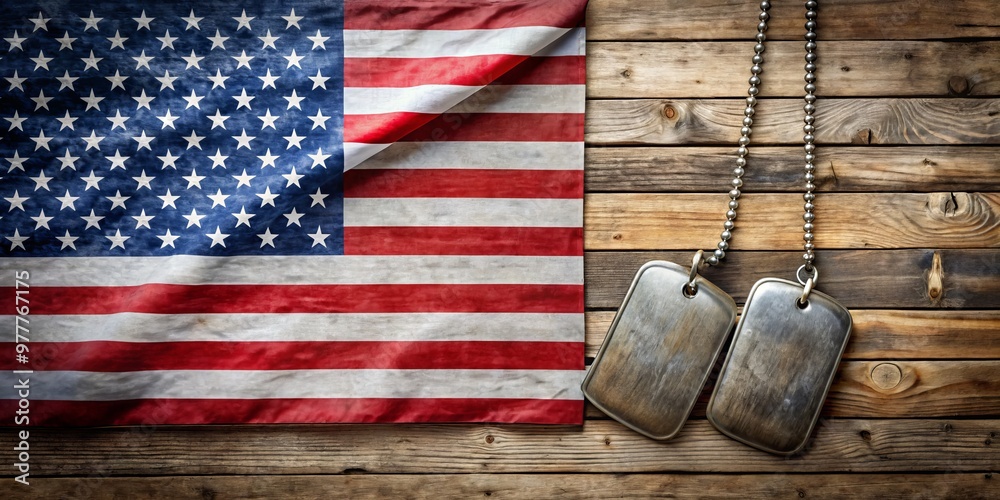 Naklejka premium Patriotic Dog Tags on Weathered Wood, American Flag, Military, Memorial, Patriotism