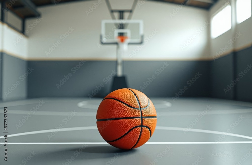 A basketball ball is lying in empty gym on a gray background, no people, sport lifestyle, school gym A basketball ball is lying in empty gym on a gray background, no people, sport lifestyle, school gym