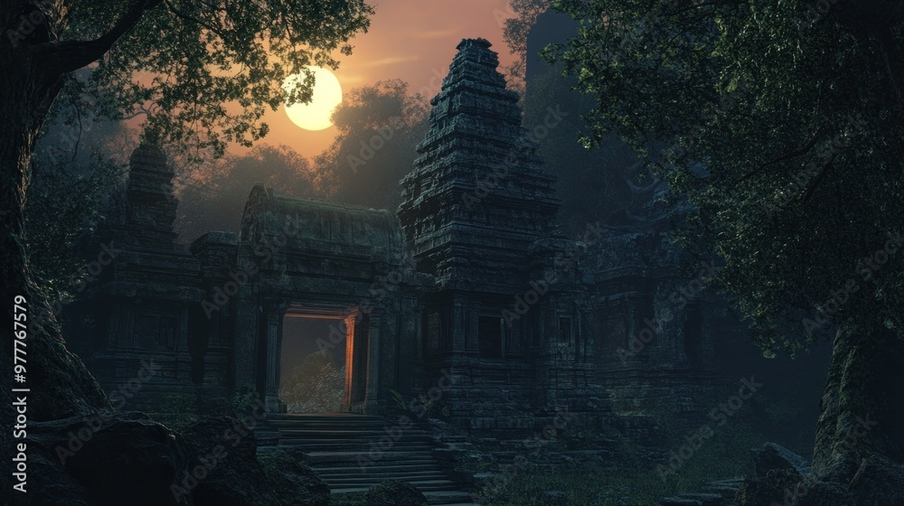 Obraz premium Ancient Stone Temple Entrance with a Full Moon in the Sky