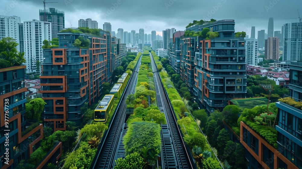 Obraz premium A sustainable smart city with green buildings, clean energy, and eco-friendly architecture promoting environmental responsibility and urban sustainability.