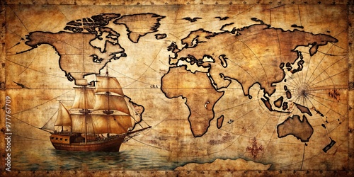 Wallpaper Mural Vintage World Map with Sailing Ship, Grunge, Treasure, Exploration, Nautical, Adventure, Journey Torontodigital.ca