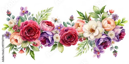 Watercolor Floral Garland with Roses and Peonies, watercolor, floral, botanical, garden, floral design