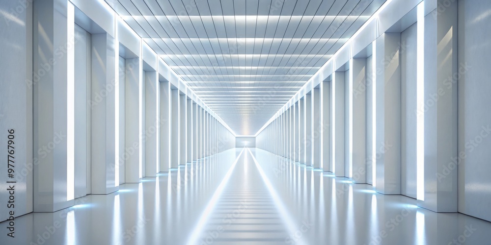 Naklejka premium White Corridor Perspective, 3D Rendering, Futuristic Architecture, Light and Shadows, Clean Lines, Minimalist, Modern