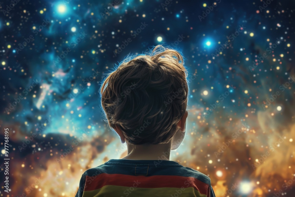 A boy is looking up at the stars in a galaxy, generative ai image