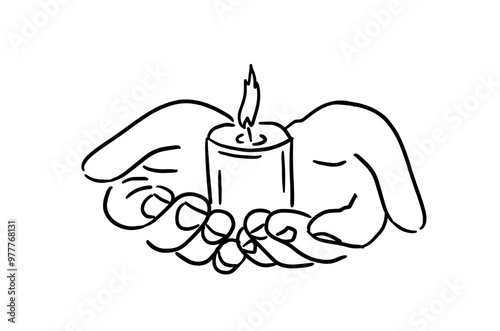 Candle in hands prayer. a religious symbol of faith in God. hand drawn. Not AI, Vector illustration