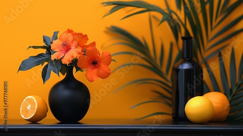 composition with orange hibiscus flowers in a black vase, citrus fruits, and palm leaves against an orange wall. The contrast of black objects and rich orange hues creates a tropical mood and visual 