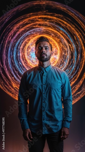 A man in a glowing orb as he passes through a colorful space. The scene suggests an introspective trip influenced by DMT or LSD.