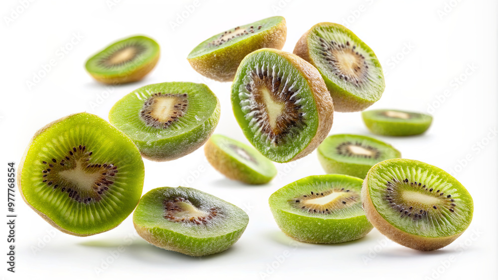Fototapeta premium A vibrant display of fresh green kiwifruit slices floating in the air, showcasing their unique texture and colorful interior against a clean white backdrop