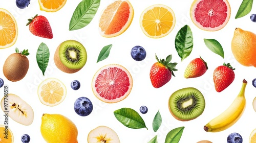 A variety of tropical fruit for summer refreshment, including oranges, kiwis, raspberries, strawberries, and apples from a flat lay view, isolated on a white background.