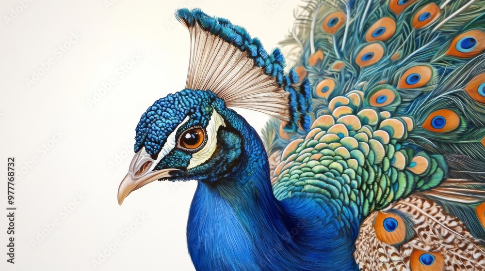 Fototapeta premium Vibrant close-up shot of a peacock displaying its colorful feathers in intricate detail, showcasing nature's beauty and elegance.