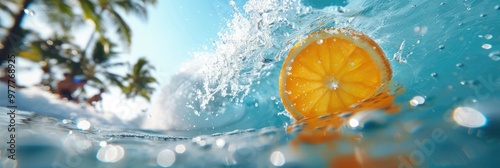Bright orange slice splashes through clear tropical water at a sunny beach party