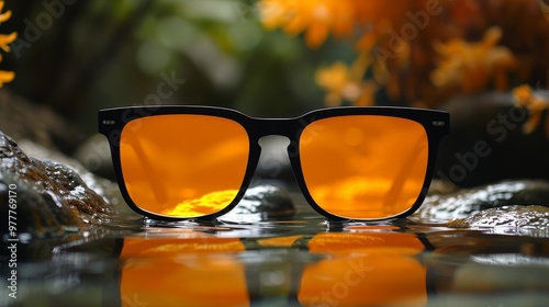 Stylish sunglasses with black frames and orange lenses reflect in water. Vibrant flowers in the background create a summer mood. The lenses reflect a sunset sky, adding depth to the composition