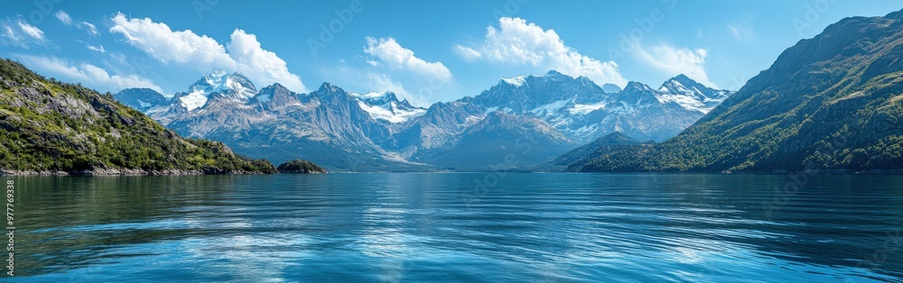 Panoramic View of Snow-Capped Alaskan Mountains and Reflecting Blue Lake Panoramic View of Snow-Capped Alaskan Mountains and Reflecting Blue Lake