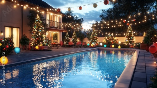 Christmas pool party scene with backyard pool
