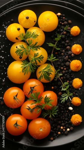 Vibrant composition of yellow and red tomatoes on a black plate. Fresh herbs and black pepper create contrast. Juicy colors and textures of vegetables attract attention