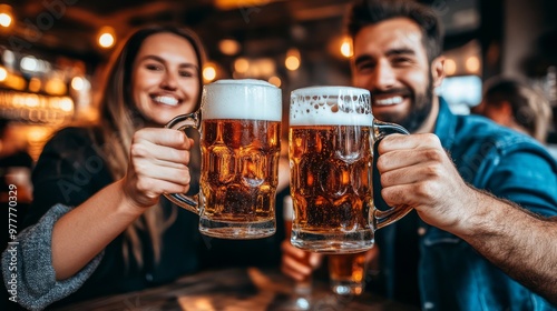 Happy couple toasting with beer mugs at a cozy pub, enjoying a fun night out together. Cheers to good times and great company.