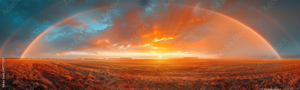 View of a rainbow over a field with a sky background, nature background, banner, copy space View of a rainbow over a field with a sky background, nature background, banner, copy space