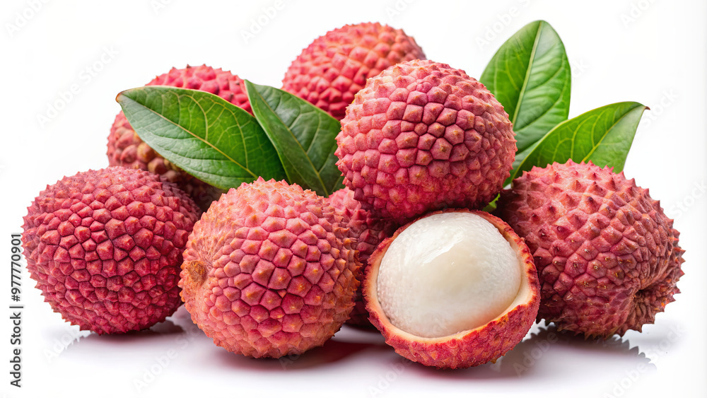A cluster of fresh lychee fruits features textured red skin and shiny green leaves, with one fruit cut open to reveal its juicy white interior. These tropical gems are ready for tasting A cluster of fresh lychee fruits features textured red skin and shiny green leaves, with one fruit cut open to reveal its juicy white interior. These tropical gems are ready for tasting