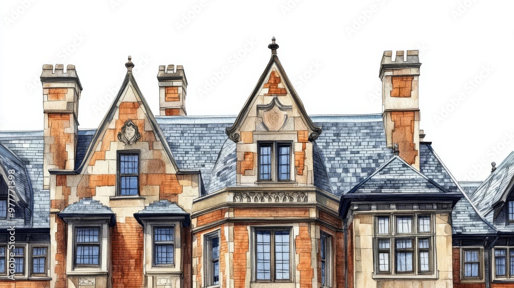 Elegant historic building with intricate architecture, featuring pointed gables and ornate details, isolated on a white background. Elegant historic building with intricate architecture, featuring pointed gables and ornate details, isolated on a white background.