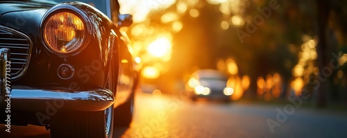 Vintage car parked on a serene road during sunset, capturing a moment of tranquility and nostalgia. photo