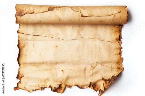 Antique parchment with rips in top view, scroll blank with old paper parchment.