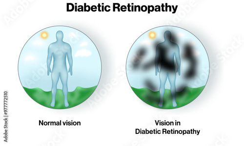 Comparison of Vision in Normal and Diabetic Retinopathy Eye Conditions: A Detailed Science Vector Illustration for Medical and Educational Use