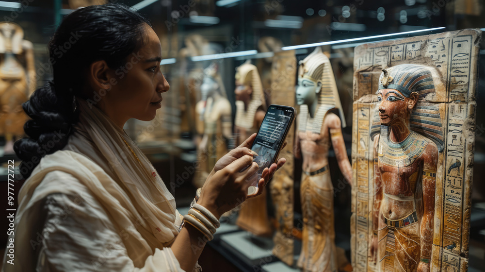 An augmented reality app being used in a historical museum, overlaying information on ancient artifacts An augmented reality app being used in a historical museum, overlaying information on ancient artifacts