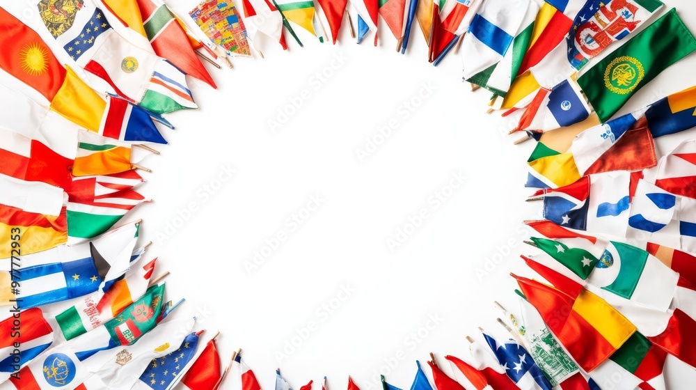 Obraz premium A diverse display of international flags in a circular formation with a white space in the center, symbolizing global unity and cooperation.