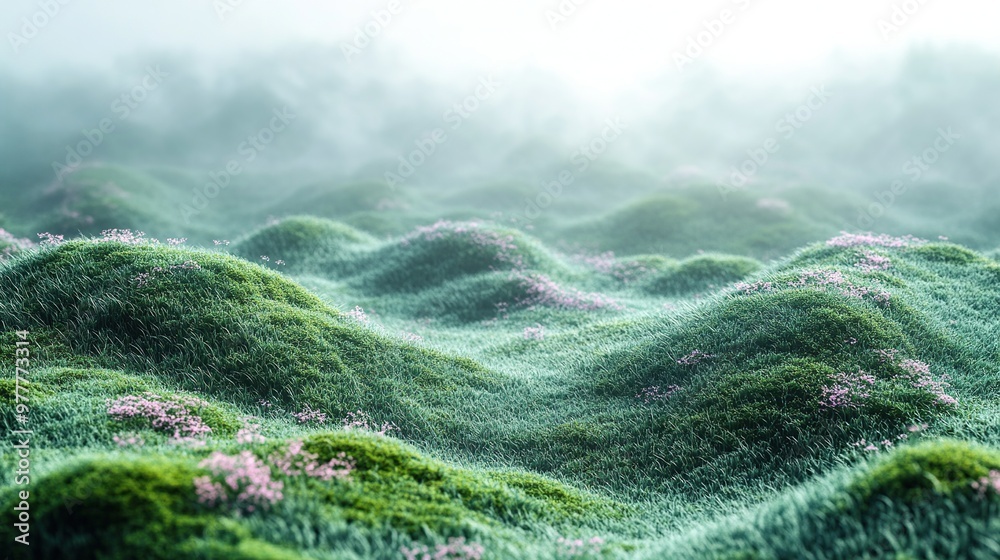 Misty Green Hills with Delicate Pink Flowers. Generate Ai Image Misty Green Hills with Delicate Pink Flowers. Generate Ai Image