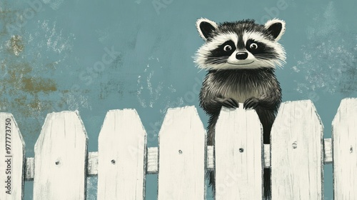 A Raccoon Peeking Over a White Fence photo