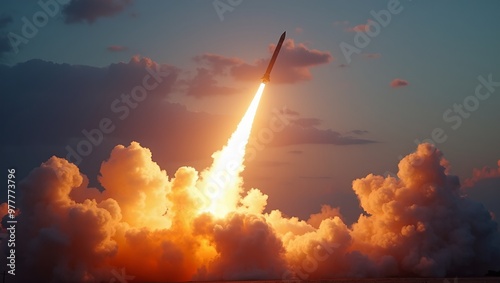 Military rocket blazing through twilight sky fiery trail illuminating clouds