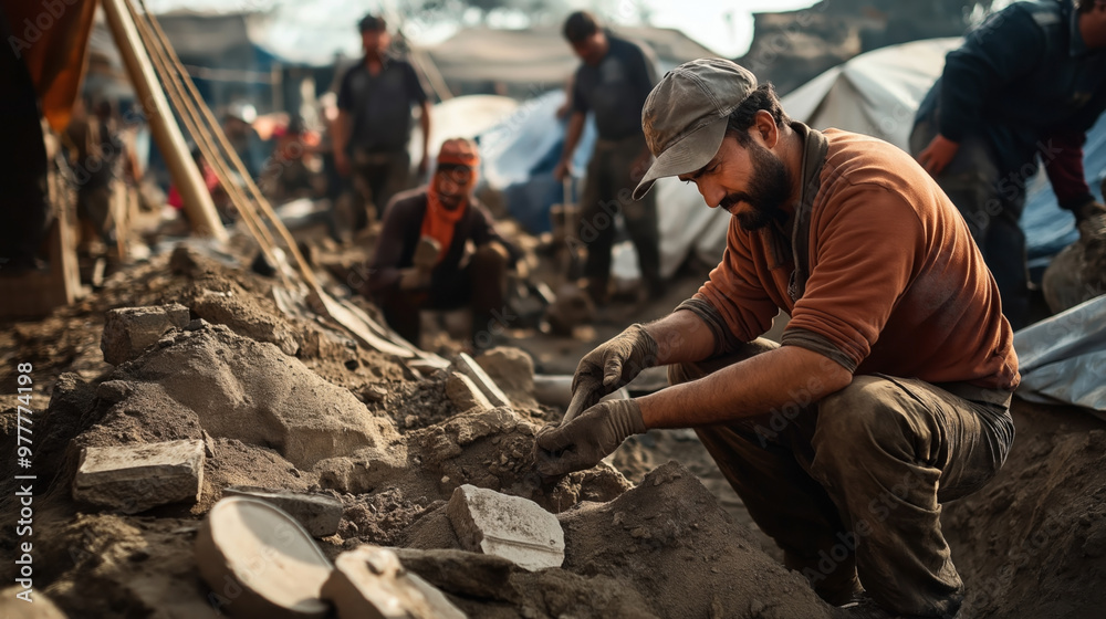 Group of archaeologists working at an excavation site, carefully digging and examining artifacts in a dirt-filled area with tents and tools around. Group of archaeologists working at an excavation site, carefully digging and examining artifacts in a dirt-filled area with tents and tools around.