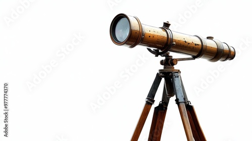 Antique telescope mounted on a tripod, isolated on a white background, symbolizing a passage of time