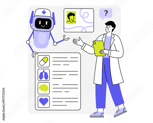 Virtual health assistant helps a doctor flat vector illustration. Cute medical robot makes a diagnosis to the patient. Artificial intelligence in medicine concept