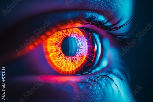 Neon lit close up of an eye with fiery digital elements representing futuristic AI vision cyber intelligence and advanced technology in a vibrant sci fi setting