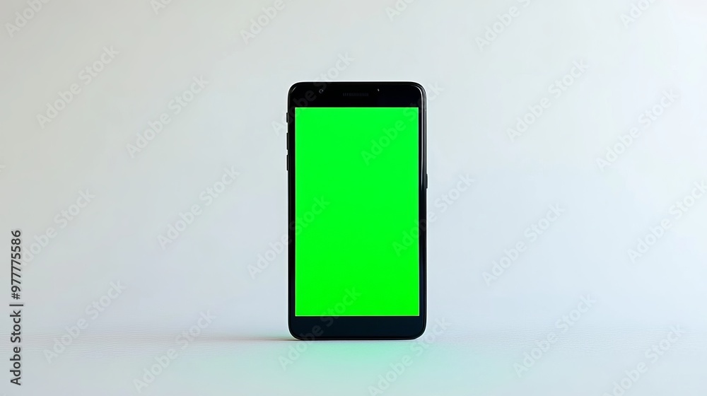 Mobile phone featuring a vertical green screen, utilizing chroma key technology, isolated on a white background Mobile phone featuring a vertical green screen, utilizing chroma key technology, isolated on a white background
