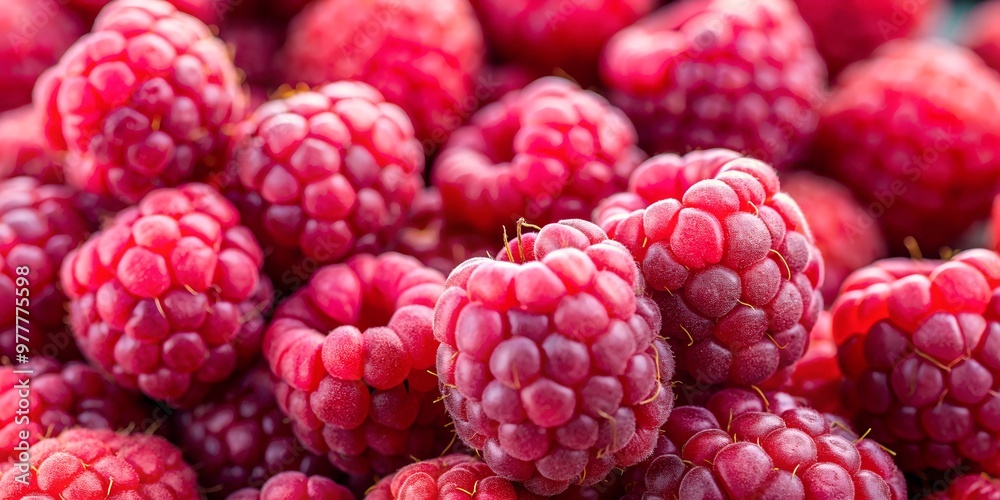 A close-up of plump, ripe raspberries, emphasizing their bright red color and juicy texture. Perfect for concepts related to fresh summer fruits, desserts, and healthy eating. A close-up of plump, ripe raspberries, emphasizing their bright red color and juicy texture. Perfect for concepts related to fresh summer fruits, desserts, and healthy eating.