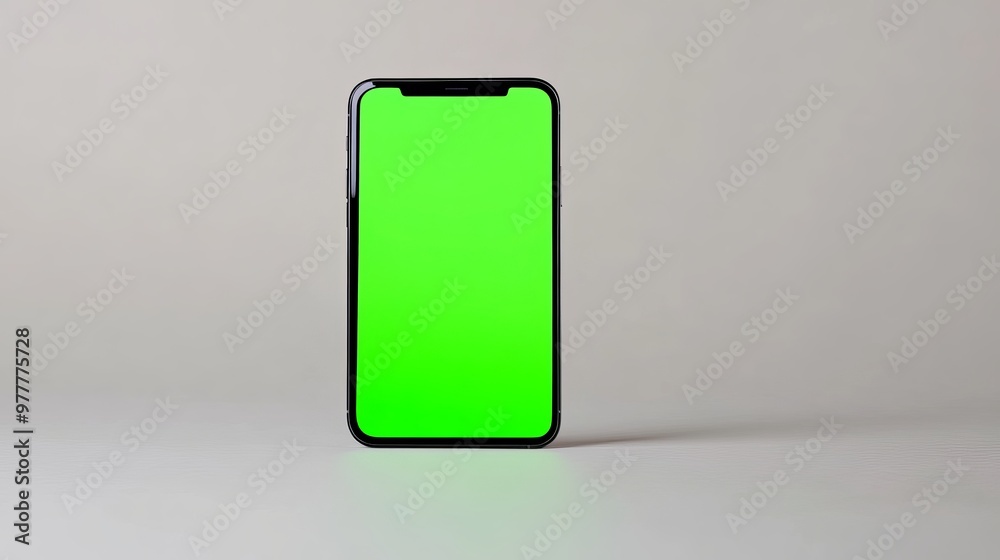 Mobile phone featuring a vertical green screen, utilizing chroma key technology, isolated on a white background Mobile phone featuring a vertical green screen, utilizing chroma key technology, isolated on a white background