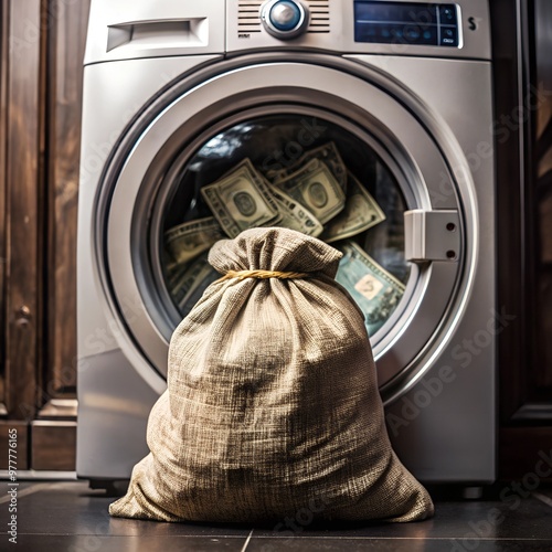 Conceptual image of a washing machine with dollar bills and a sack of money in front, symbolizing money laundering.
