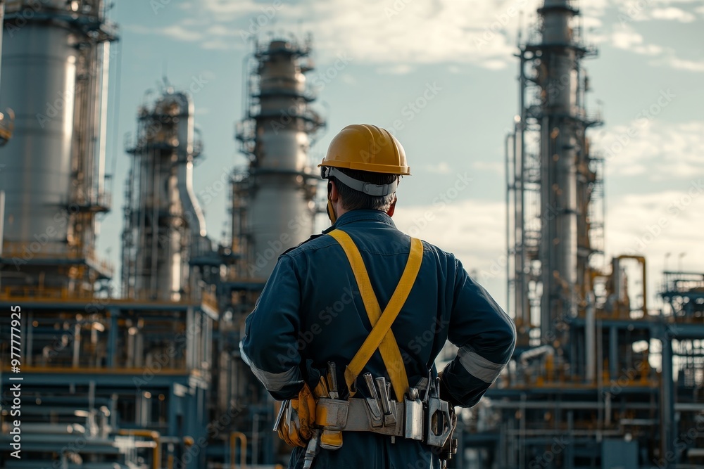 Industrial worker in overalls and safety helmet stands before oil production plant with tools Industrial worker in overalls and safety helmet stands before oil production plant with tools