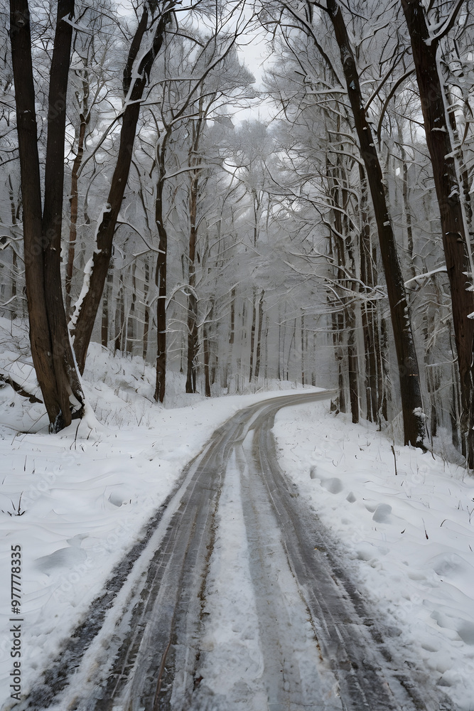 Naklejka premium Snow-covered winter road winding through bare trees, footsteps fading