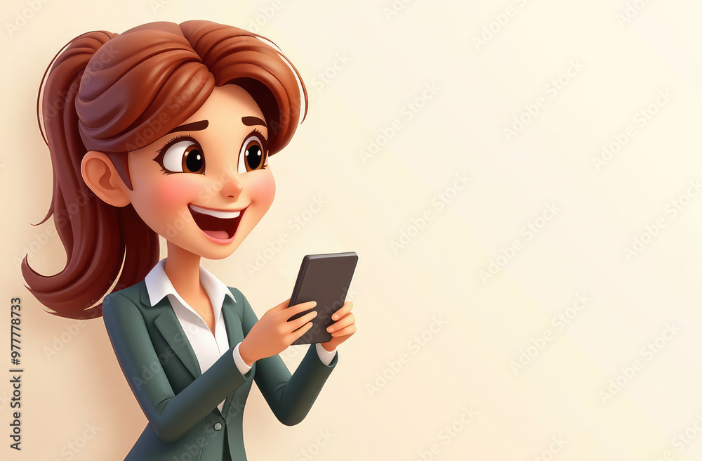 Excited woman in business attire holding smartphone, smiling joyfully, illustration with copyspace Excited woman in business attire holding smartphone, smiling joyfully, illustration with copyspace