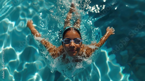 A young boy child splashing in the pool. The boy is swimming in the pool