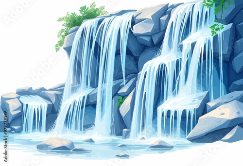 Beautiful landscape with a waterfall in the forest. Vector digital watercolor painting  illustration.