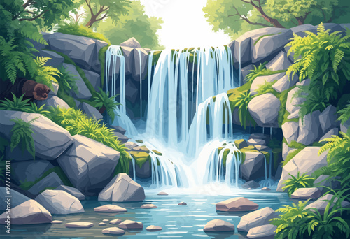 Beautiful landscape with a waterfall in the forest. Vector digital watercolor painting  illustration.