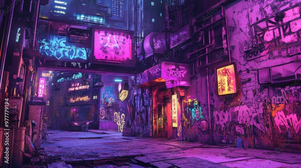 Neon-Lit Back Alley in a Futuristic Urban Environment Neon-Lit Back Alley in a Futuristic Urban Environment