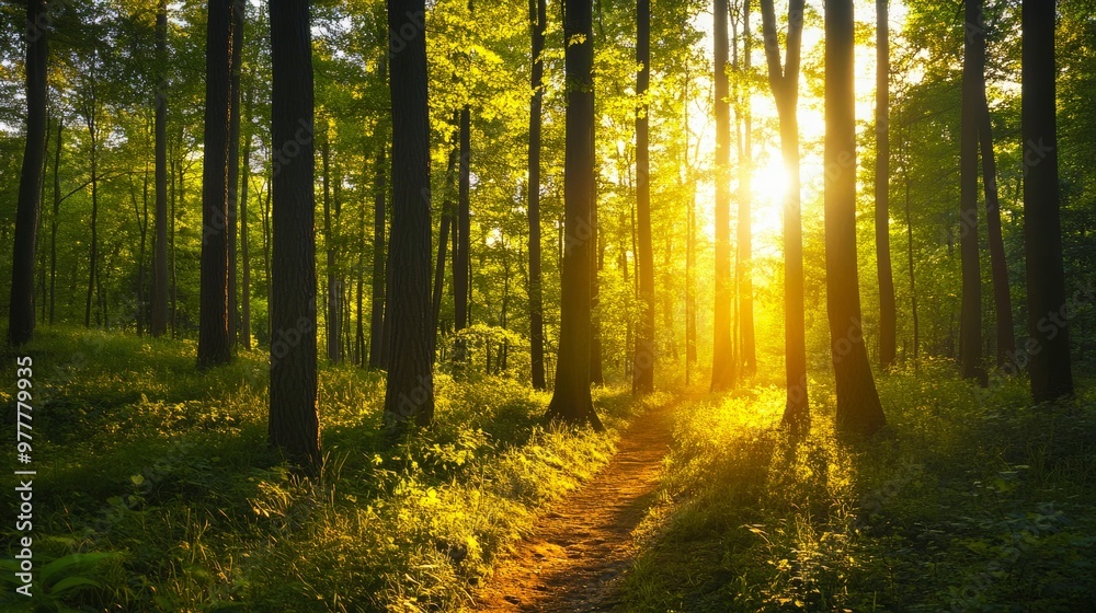 Fototapeta premium Sunlight filters through tall trees in a serene forest, casting a golden glow over a winding dirt path.