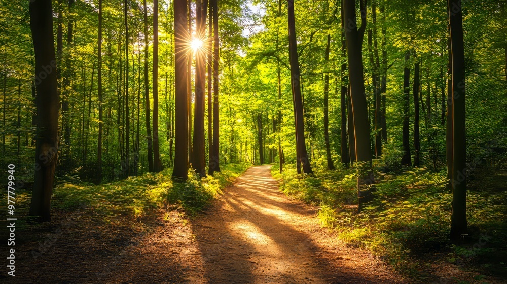Fototapeta premium Bright sunlight filters through the dense forest, illuminating a tranquil dirt path in the heart of nature.